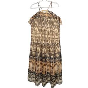 JOIE Sheer Halter Tiered Shift Dress Sleeveless 100% Silk Tan Black Size Medium